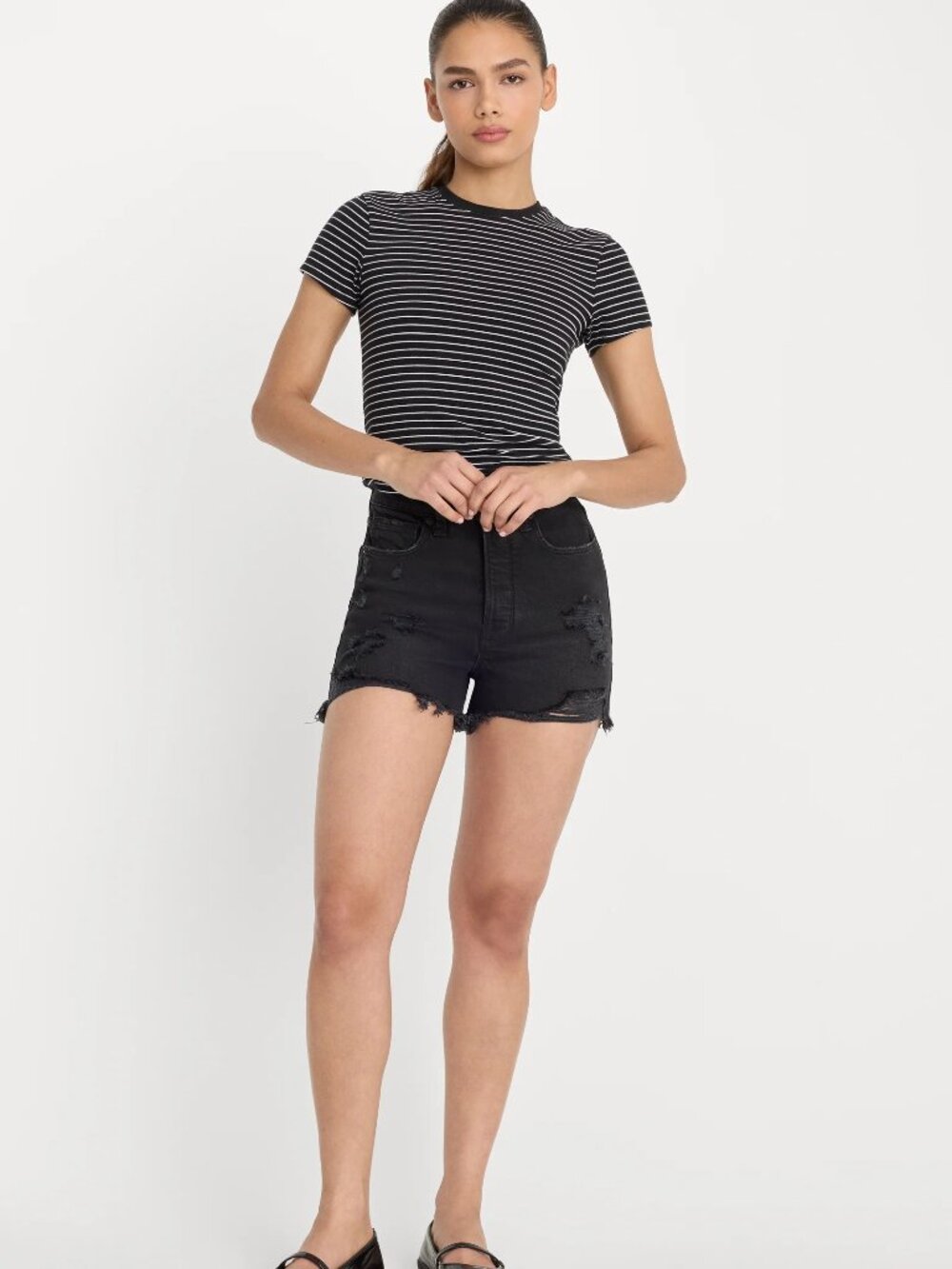 Good American Bomshell Black High-Rise Raw Hem Jean Shorts